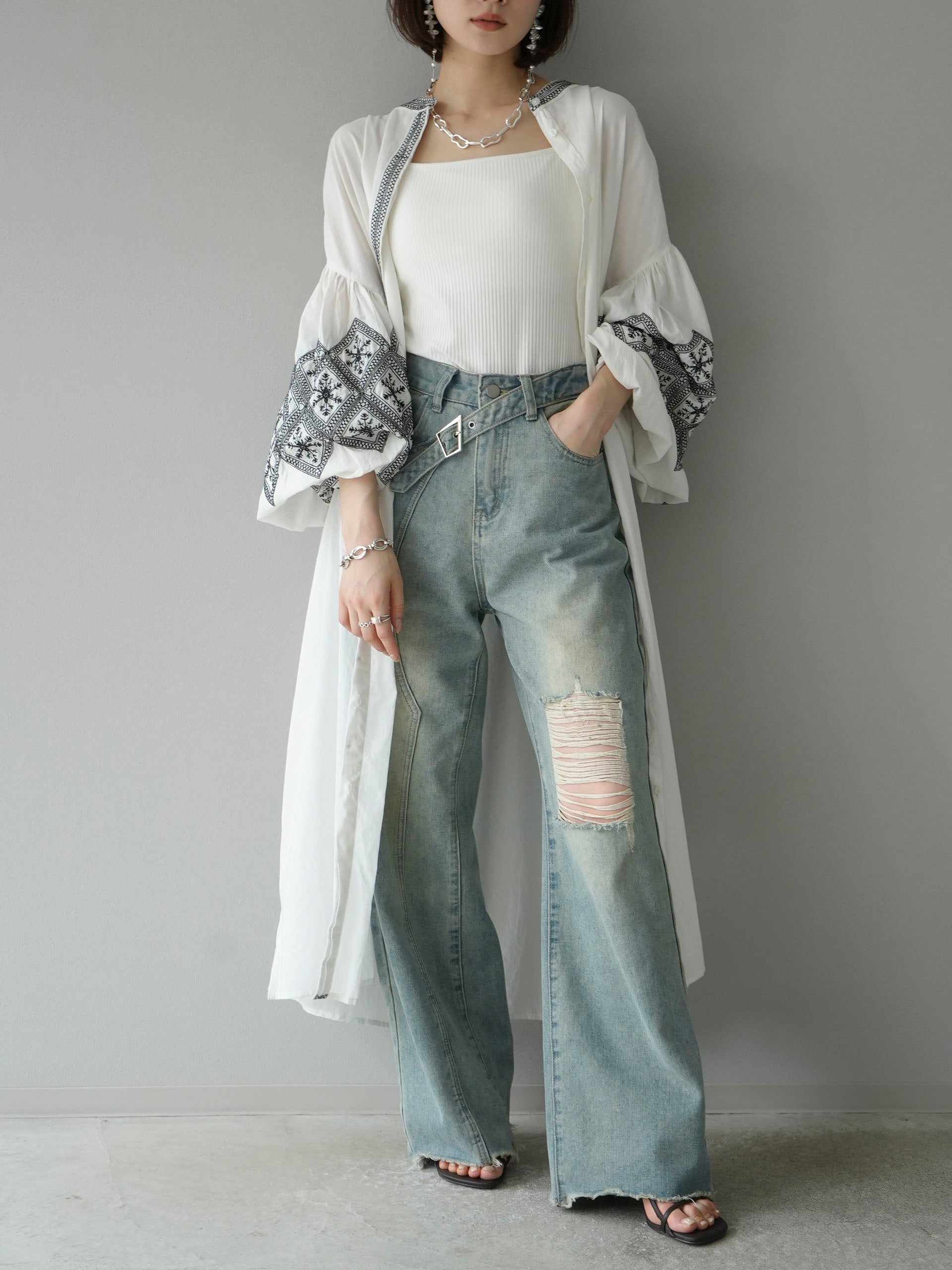 SET]キャンブリック刺繍ワンピース+ベルトアシンメトリーダメージ