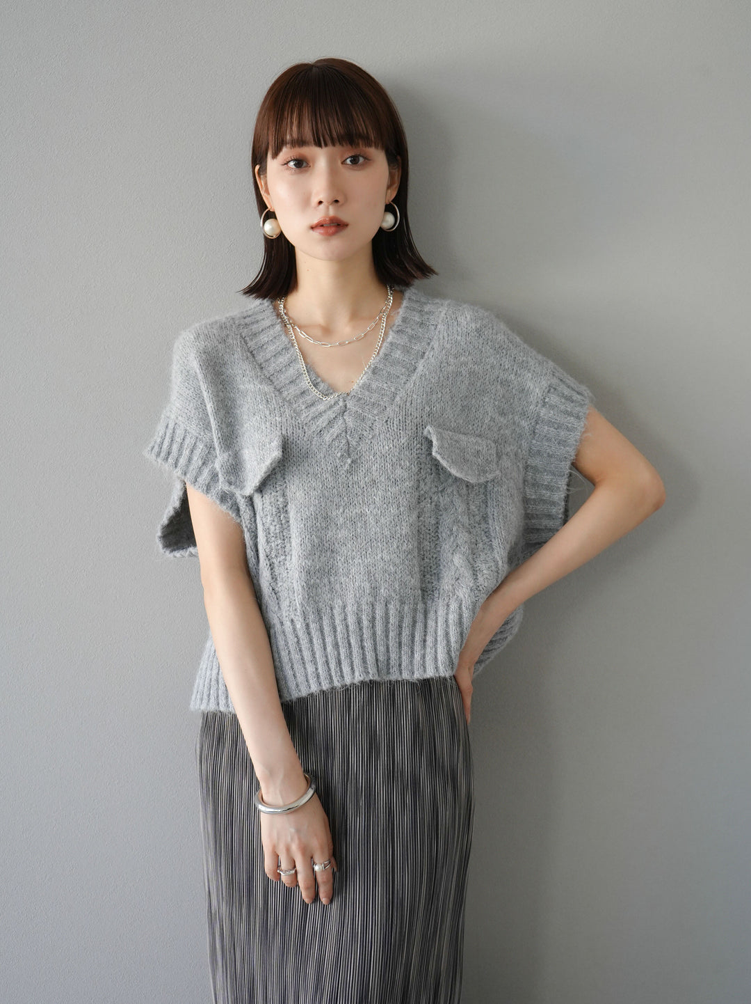 [予約]ポケットデザインニットベスト/グレー
