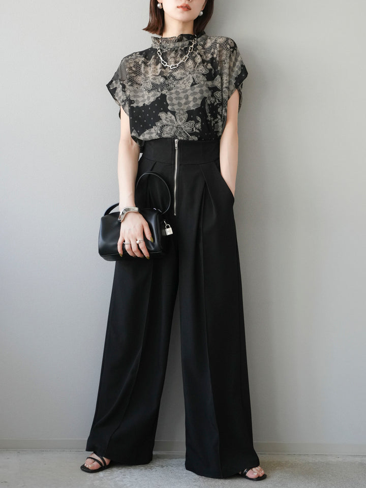 [予約]フラワーパターンフレンチスリーブブラウス/ブラック