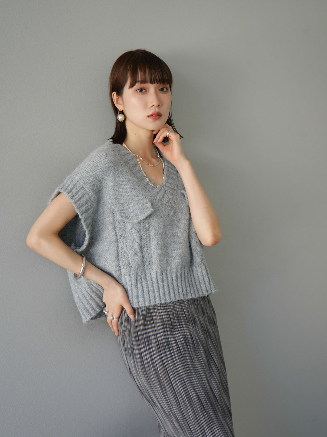 [予約]ポケットデザインニットベスト/グレー