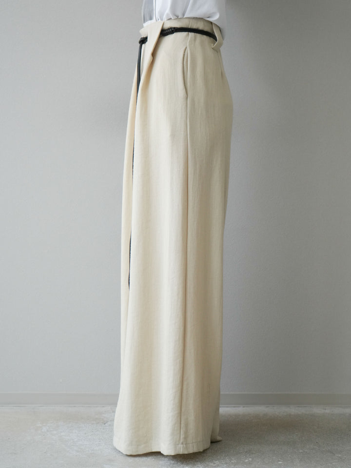 【預購】繩紋設計腰帶亞麻觸感寬褲/米色