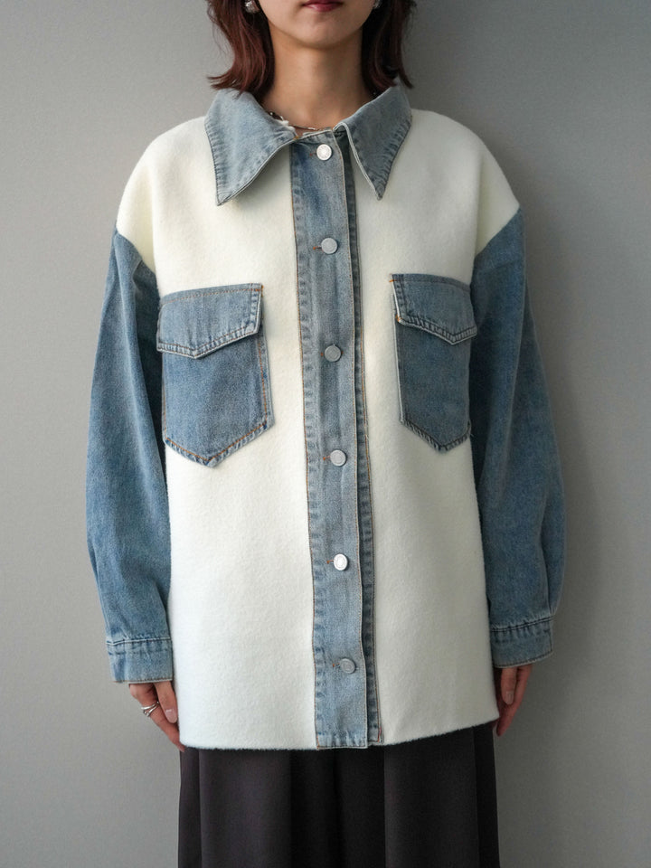 [予約]デニム襟ダブルフェイスニットカーディガン/white