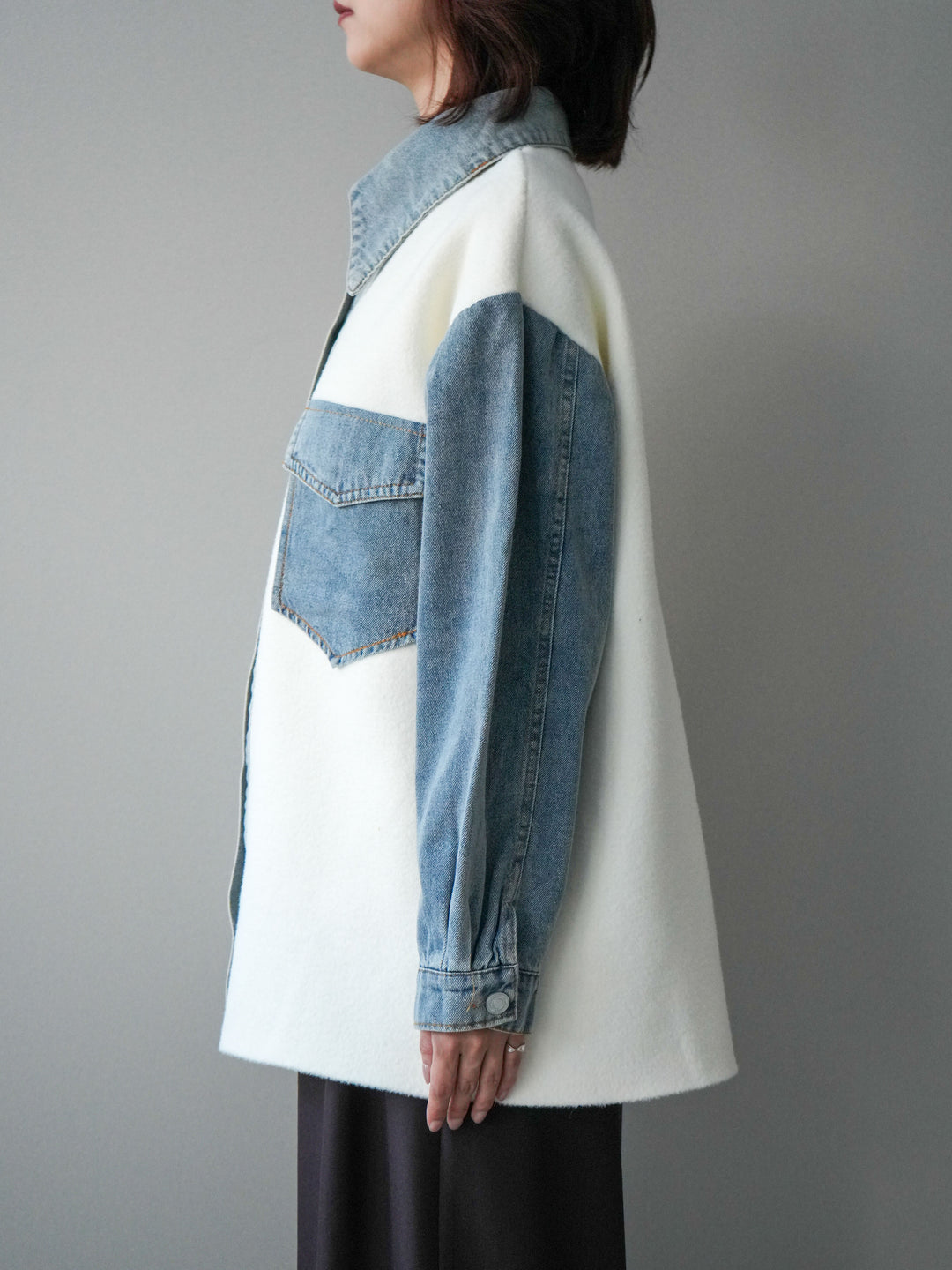 [予約]デニム襟ダブルフェイスニットカーディガン/white