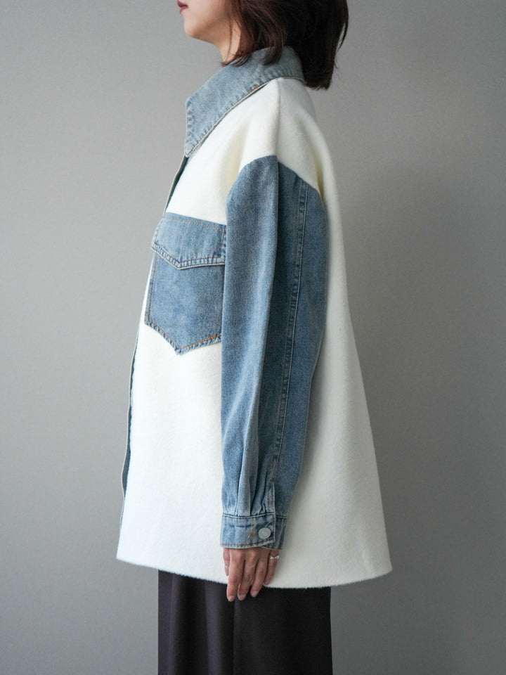 [予約]デニム襟ダブルフェイスニットカーディガン/white