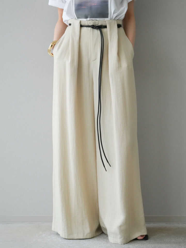 【預購】繩紋設計腰帶亞麻觸感寬褲/米色