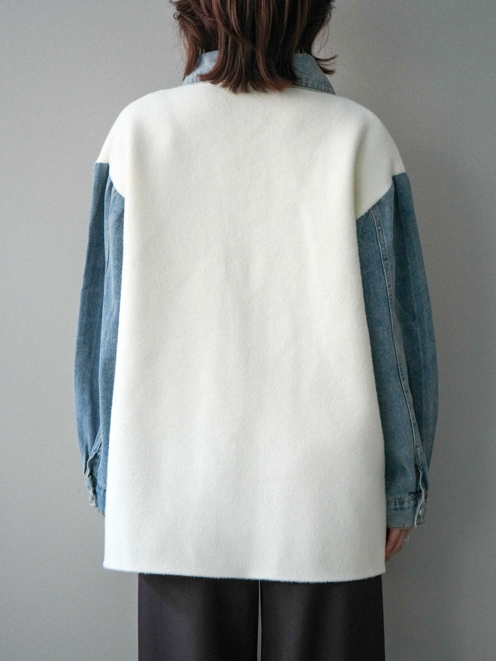 [予約]デニム襟ダブルフェイスニットカーディガン/white