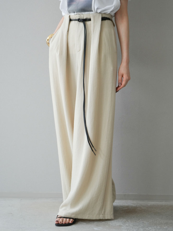 【預購】繩紋設計腰帶亞麻觸感寬褲/米色