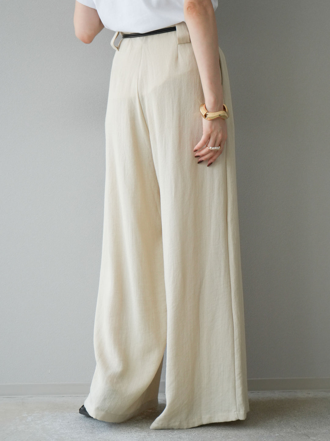 【預購】繩紋設計腰帶亞麻觸感寬褲/米色