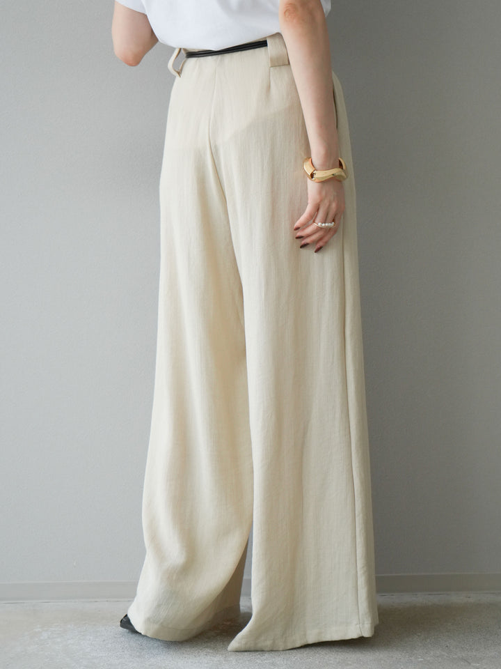 【預購】繩紋設計腰帶亞麻觸感寬褲/米色