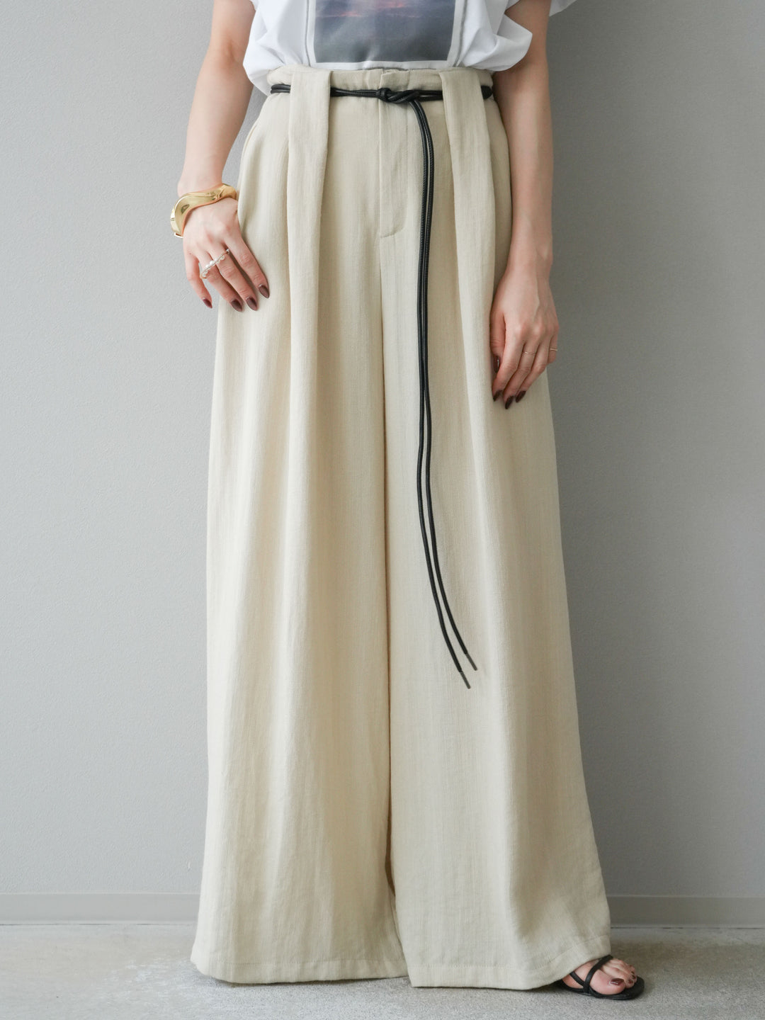 【預購】繩紋設計腰帶亞麻觸感寬褲/米色