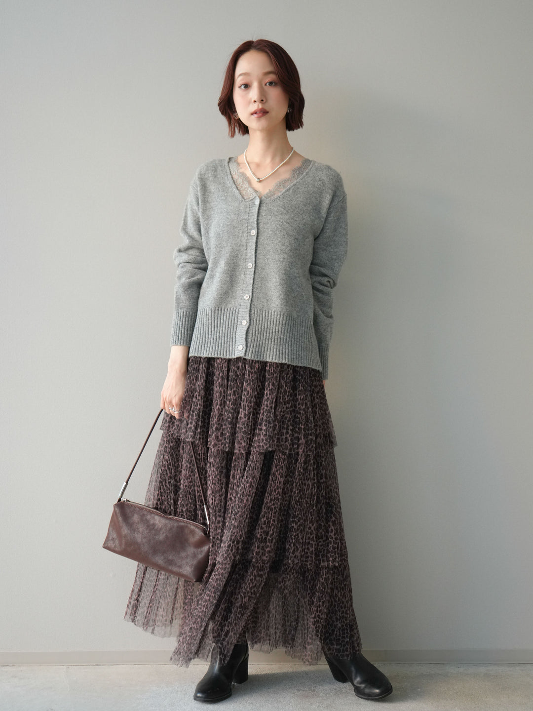 [予約]レオパード柄チュールフリルスカート/brown