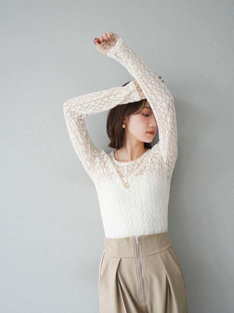 予約]袖配色カットレーストップス/アイボリー – Lumier