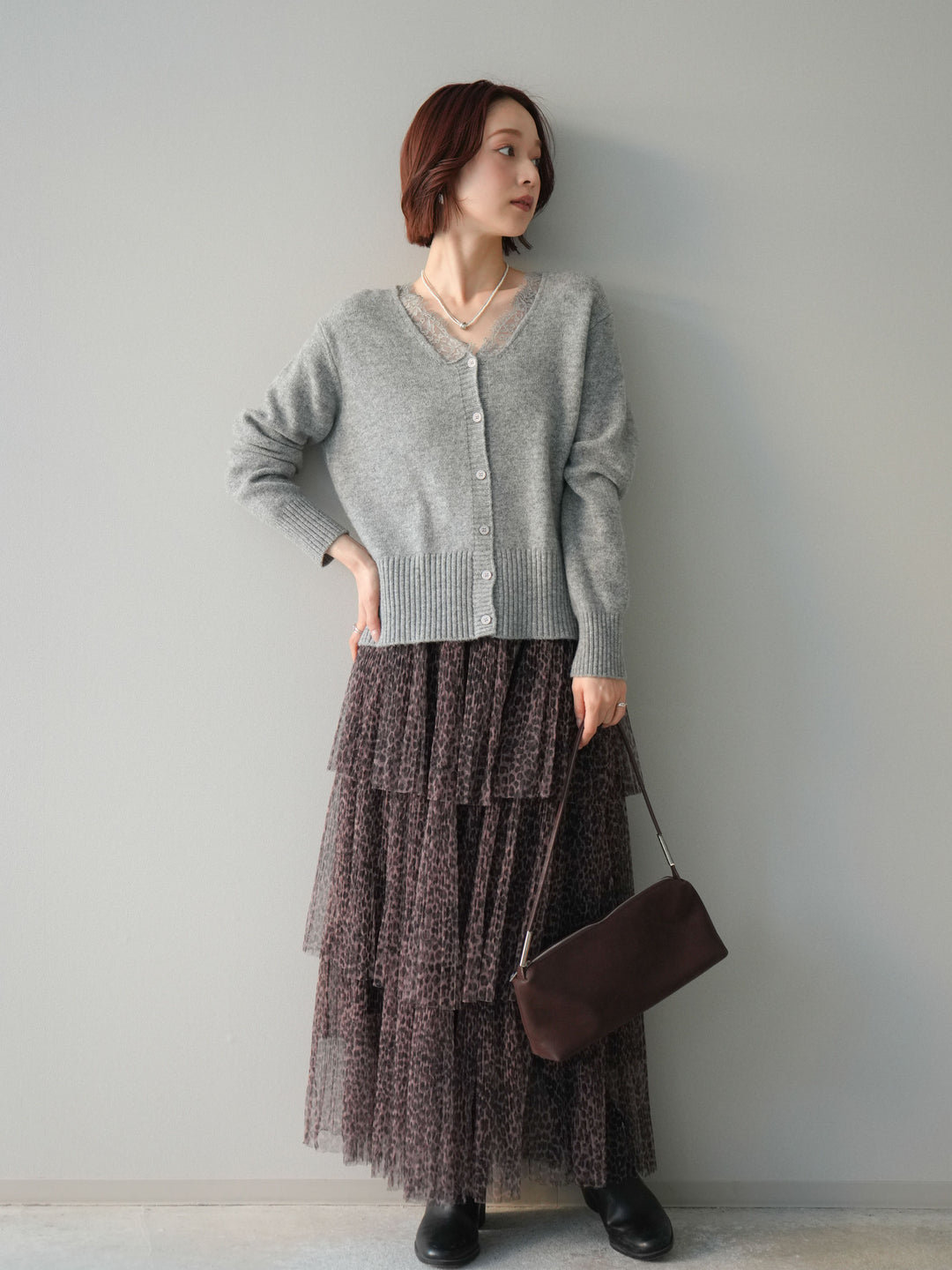 [予約]レオパード柄チュールフリルスカート/brown