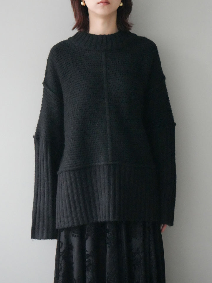 [予約]編み地切替ボトルネックニットプルオーバー/black