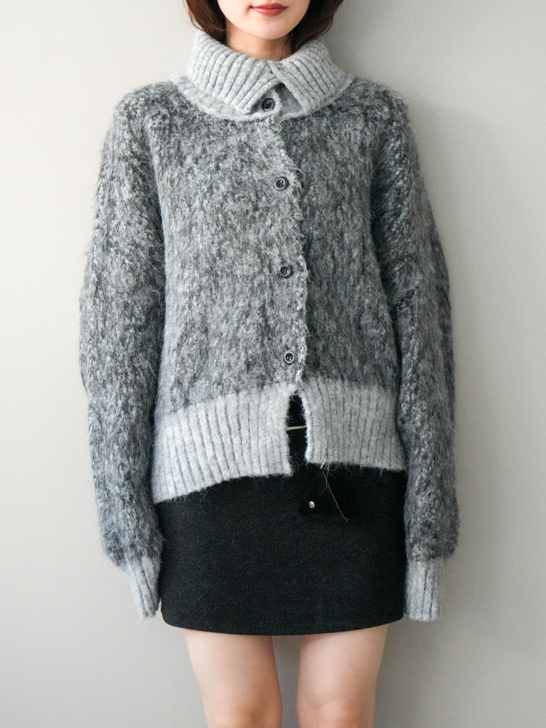 [予約]リブ切替メランジニットカーディガン/charcoal