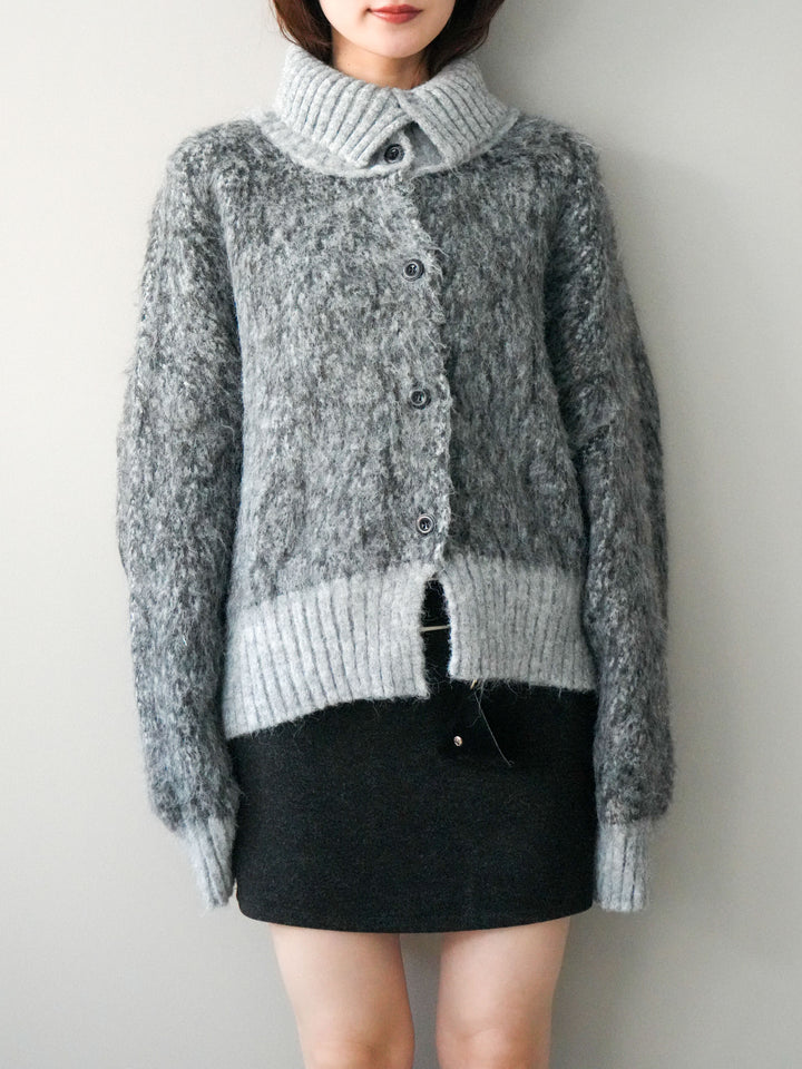 [予約]リブ切替メランジニットカーディガン/charcoal