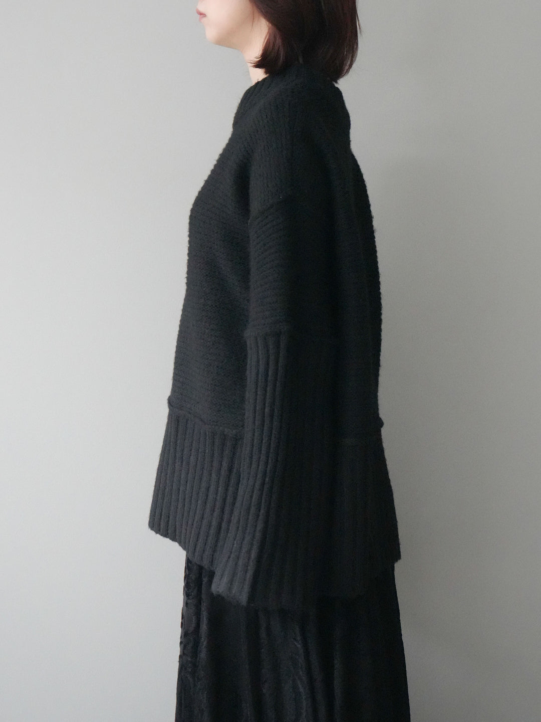 [予約]編み地切替ボトルネックニットプルオーバー/black