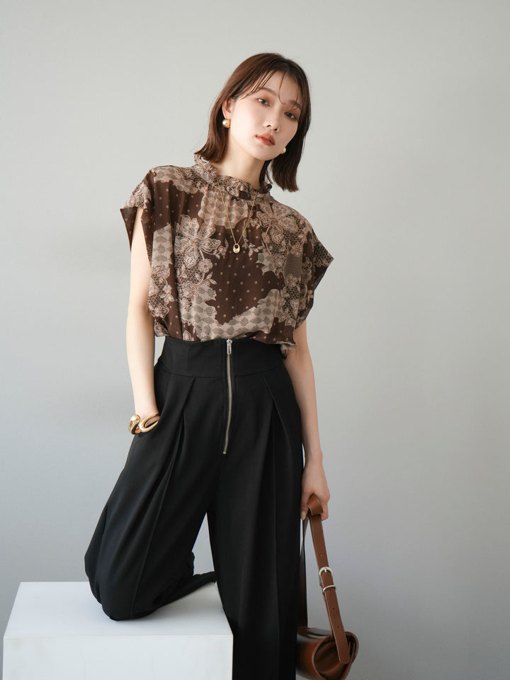 [予約]フラワーパターンフレンチスリーブブラウス/ブラウン