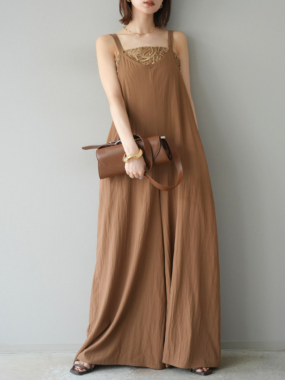 [予約]レーヨンVネックサロペット/ベージュ