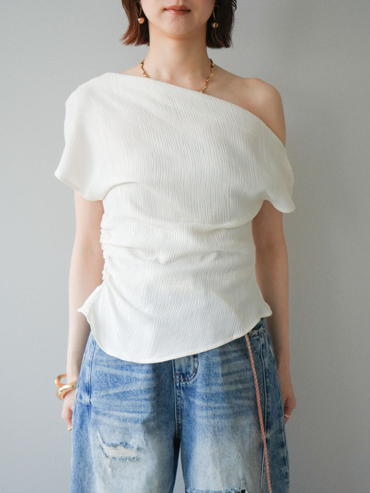 [予約]クレープアシンメトリーギャザートップス/white