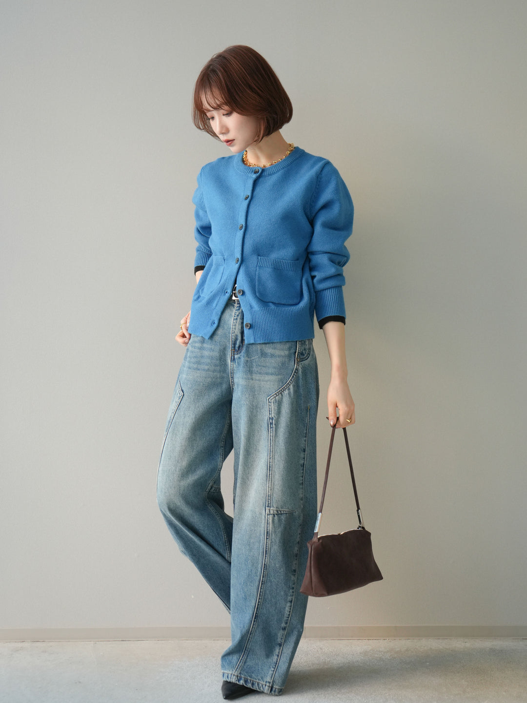 [予約]ベルト付3Dカーブデニムパンツ/blue