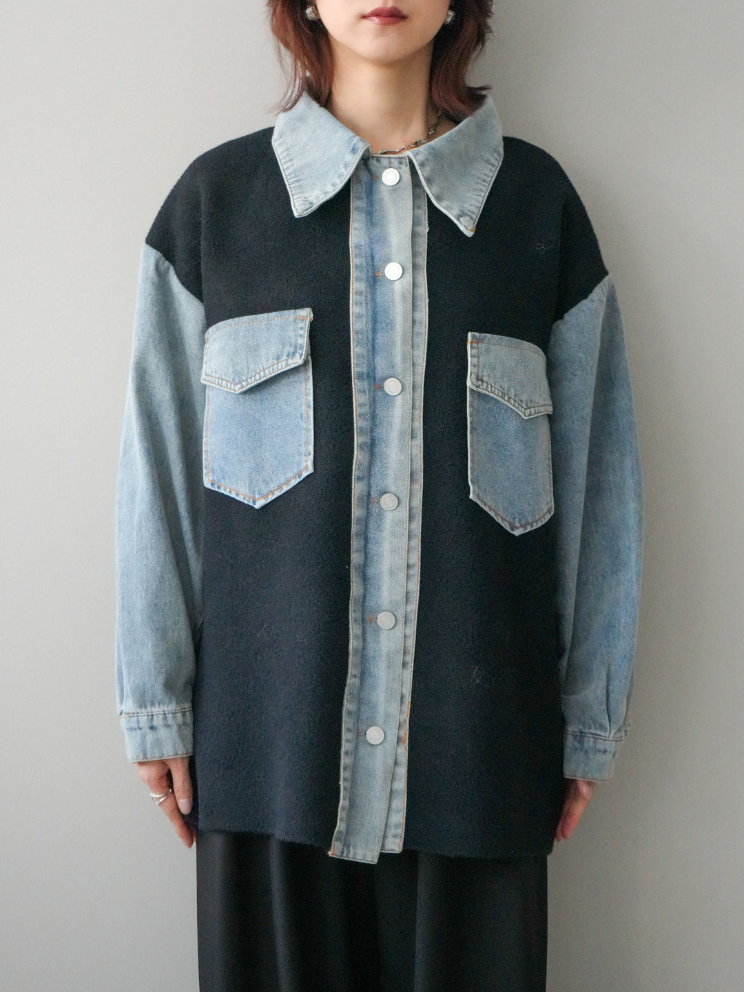 [予約]デニム襟ダブルフェイスニットカーディガン/black