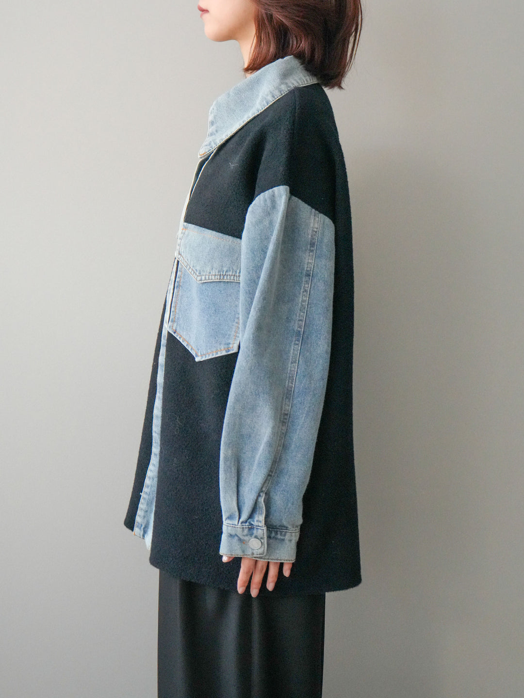 [予約]デニム襟ダブルフェイスニットカーディガン/black