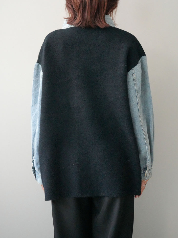 [予約]デニム襟ダブルフェイスニットカーディガン/black