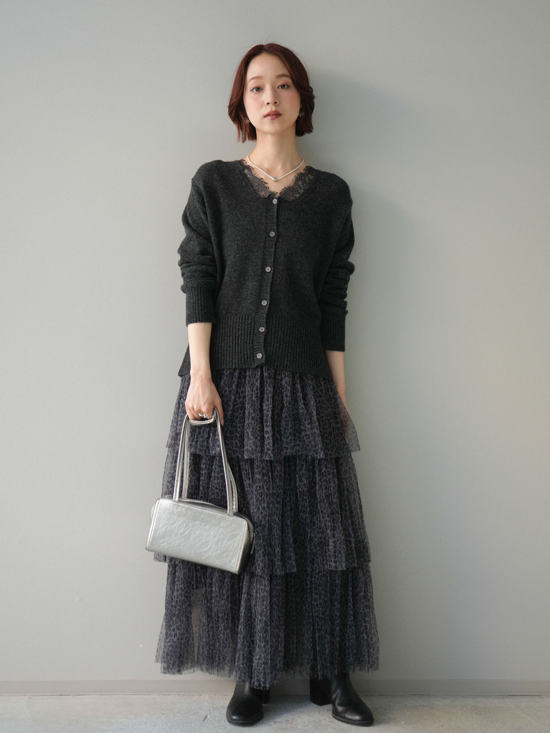 [予約]レオパード柄チュールフリルスカート/gray