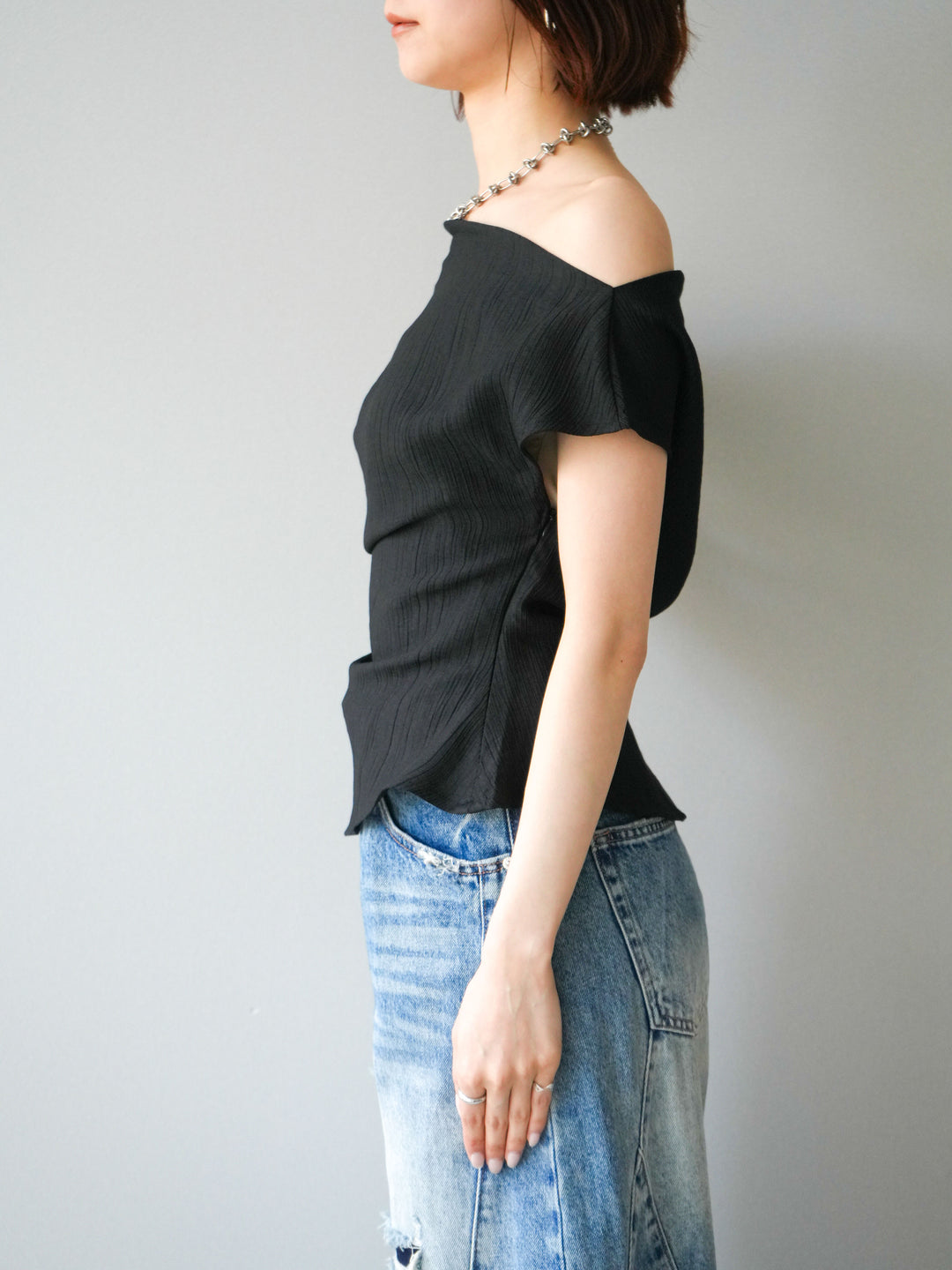 [予約]クレープアシンメトリーギャザートップス/black