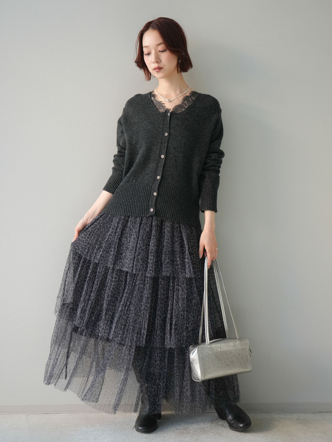 [予約]レオパード柄チュールフリルスカート/gray