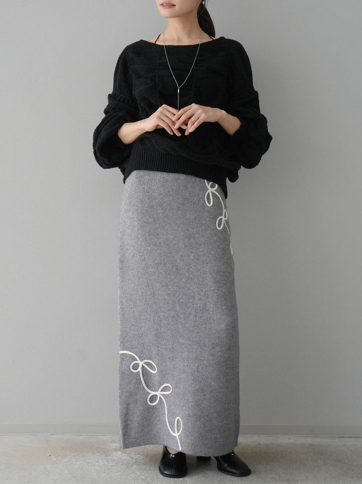 [予約]コード刺繍Iラインニットスカート/グレー