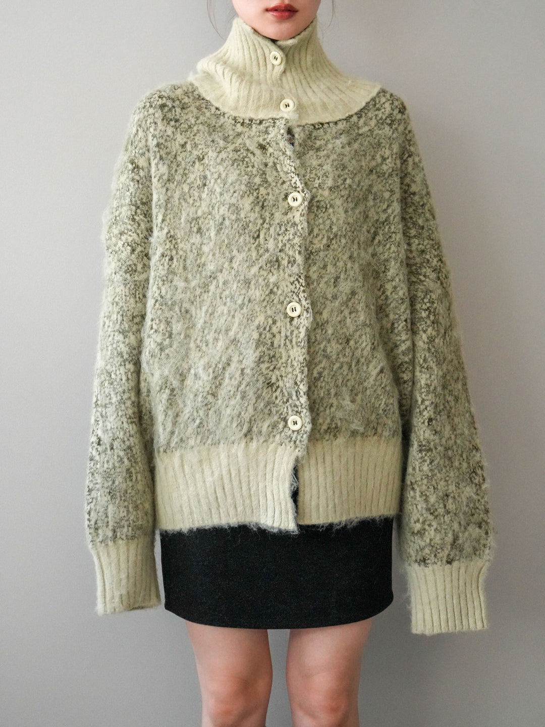 [予約]リブ切替メランジニットカーディガン/green