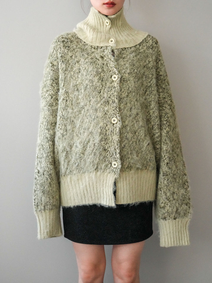[予約]リブ切替メランジニットカーディガン/green