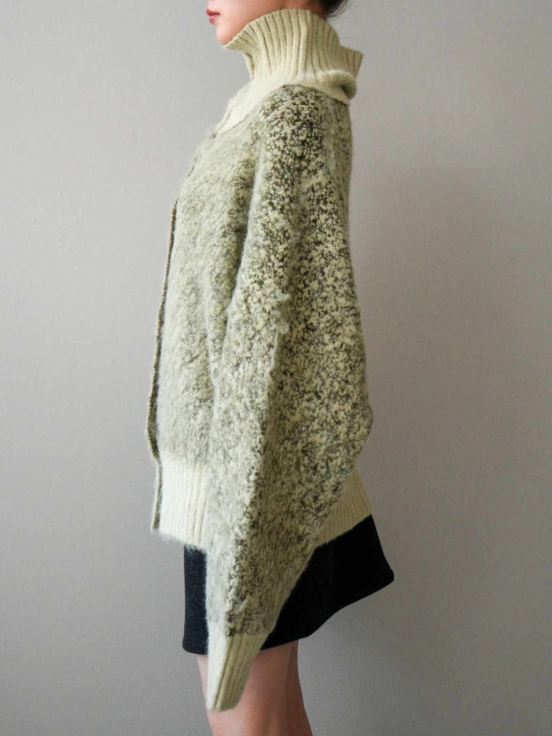 [予約]リブ切替メランジニットカーディガン/green