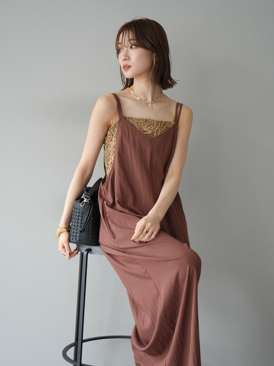 [予約]レーヨンVネックサロペット/ブラウン