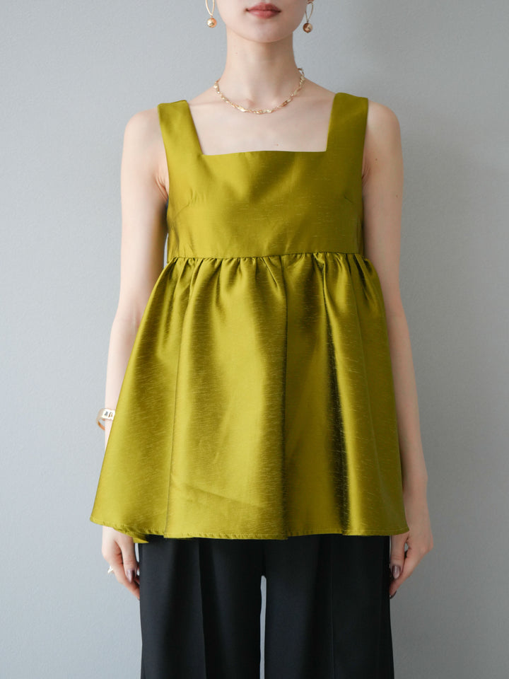 [予約]サテンフレアノースリーブトップス/グリーン