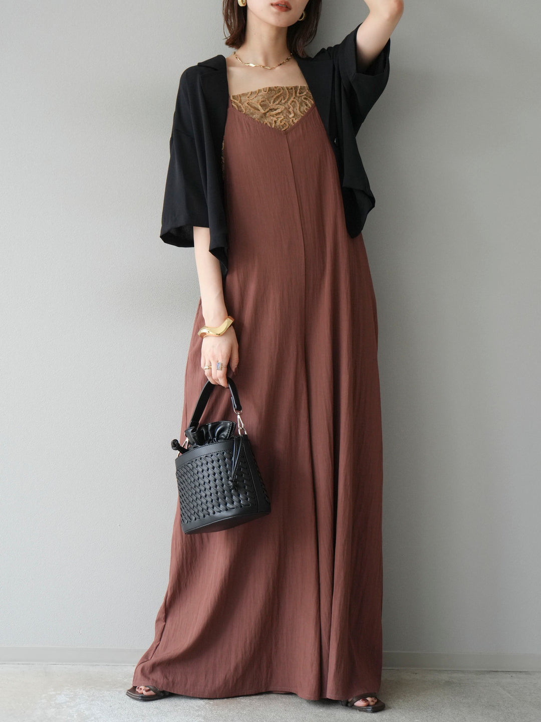 [予約]レーヨンVネックサロペット/ブラウン