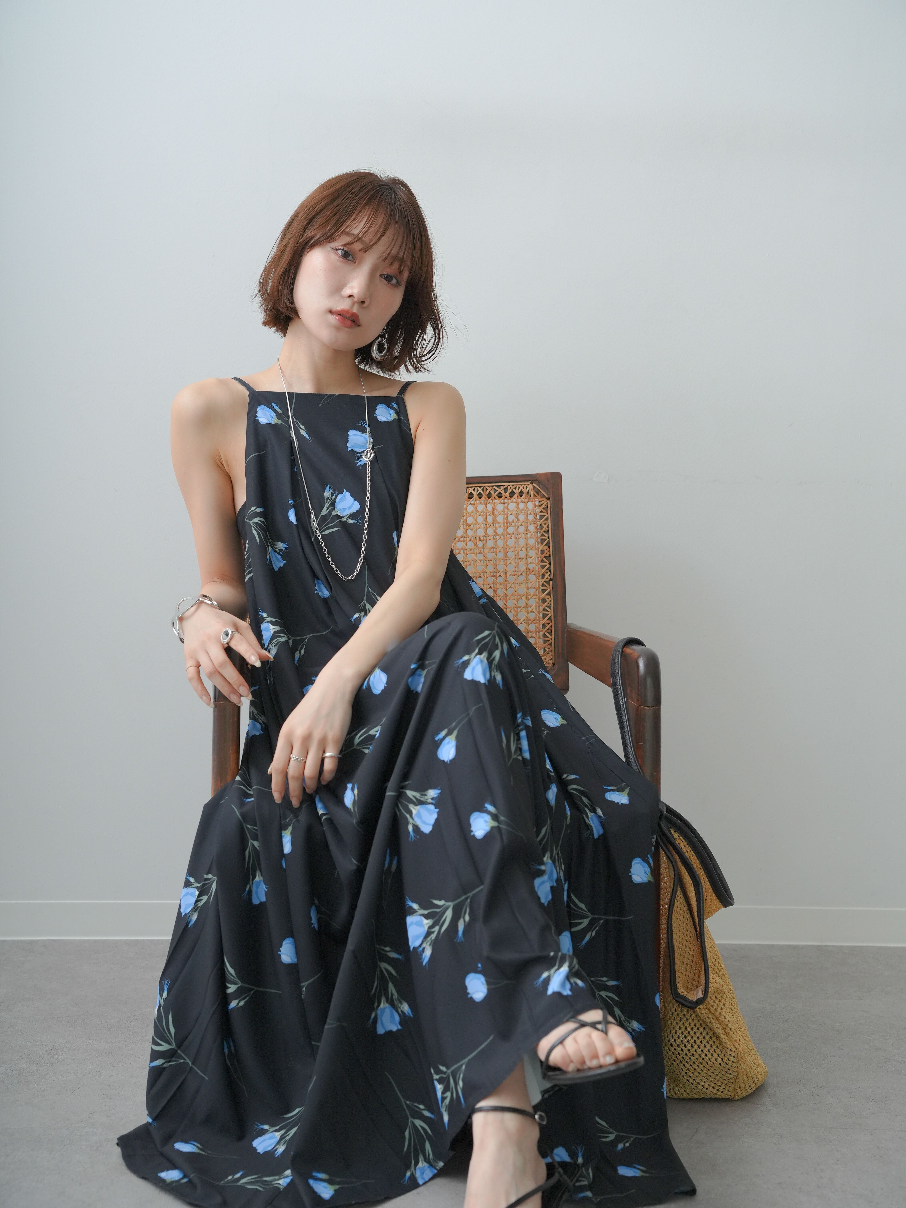 SET]フラワープリントドレープキャミワンピース+選べるアクセセット