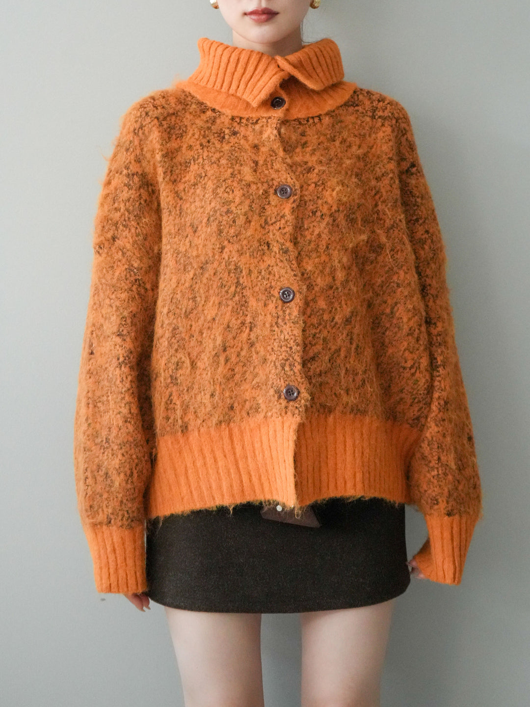 [予約]リブ切替メランジニットカーディガン/orange
