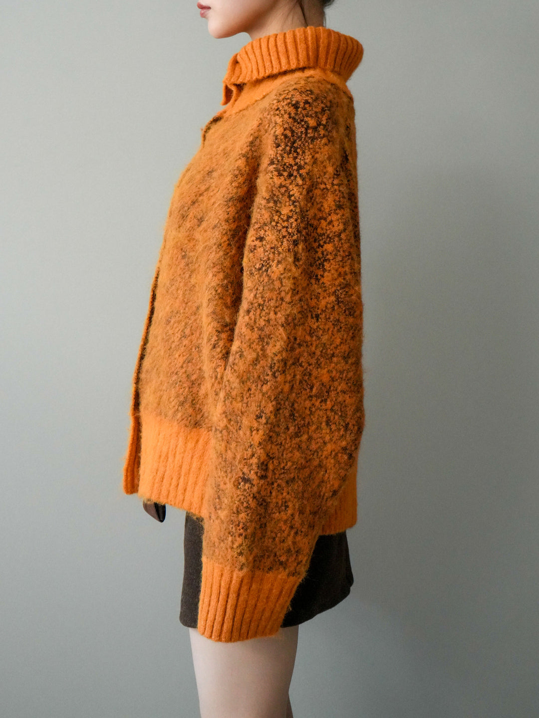 [予約]リブ切替メランジニットカーディガン/orange