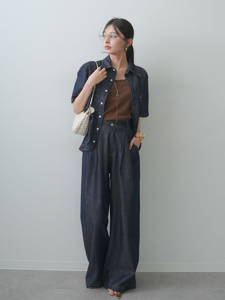 [SET]配色ステッチデニムシャツ＆タックワイドパンツSET UP(2SET)+選べるアクセセット(2set)