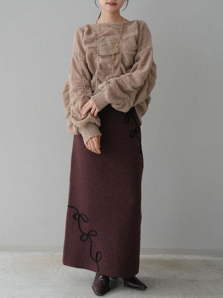 [予約]コード刺繍Iラインニットスカート/ブラウン