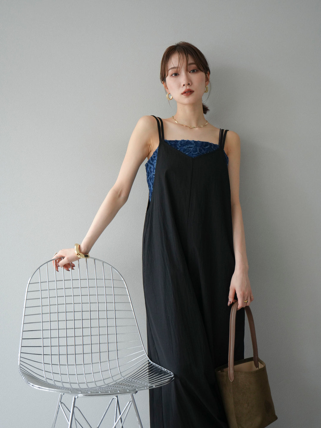 [予約]レーヨンVネックサロペット/ブラック