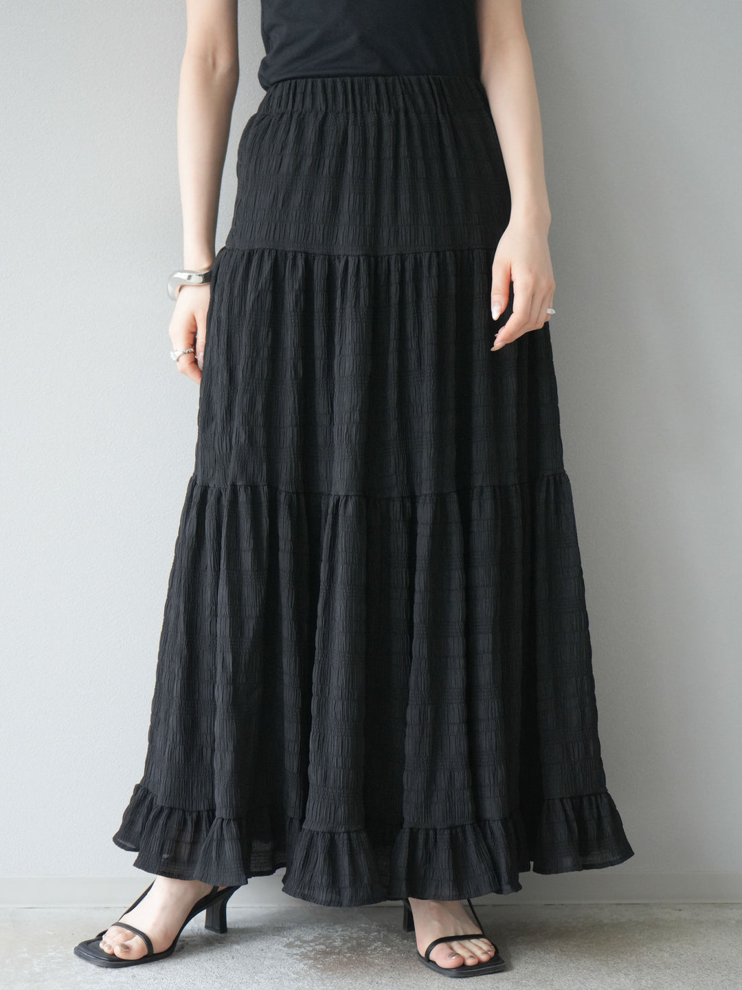 [予約]ワッシャーティアードスカート/ブラック