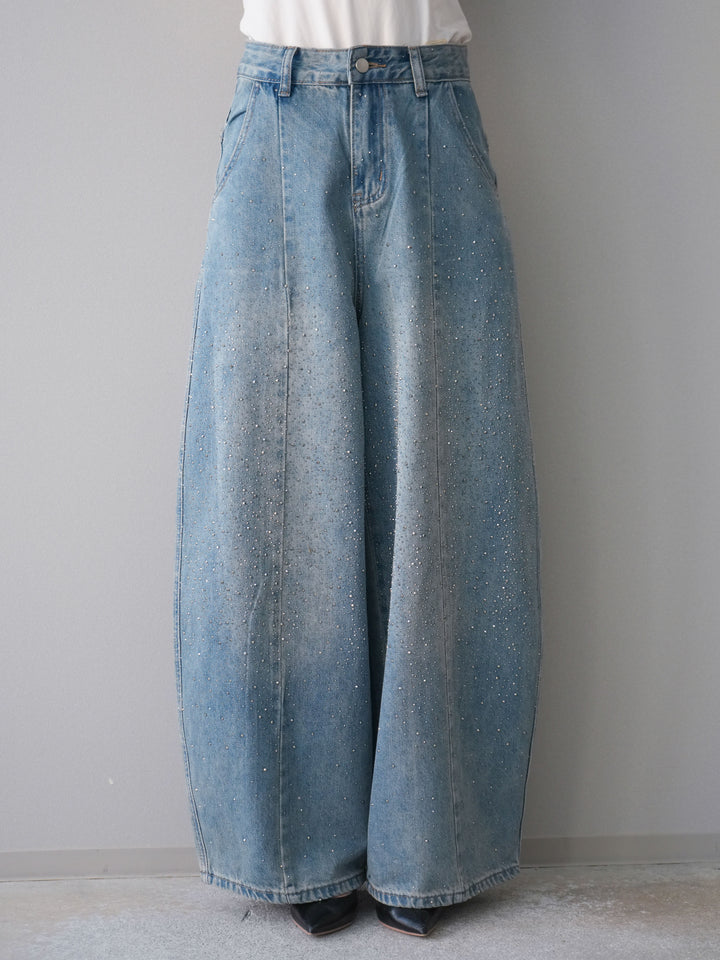 [予約]フロントビジューカーブデニムパンツ/lightblue