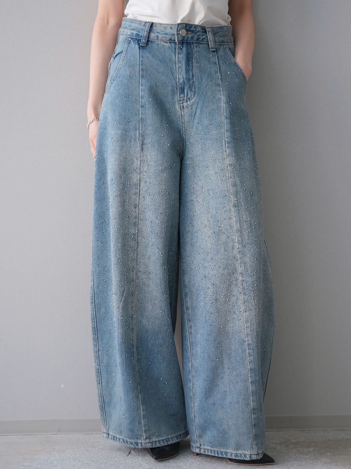 [予約]フロントビジューカーブデニムパンツ/lightblue