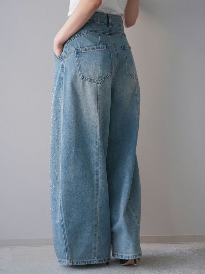 [予約]フロントビジューカーブデニムパンツ/lightblue