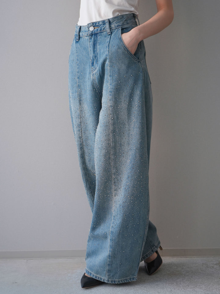 [予約]フロントビジューカーブデニムパンツ/lightblue