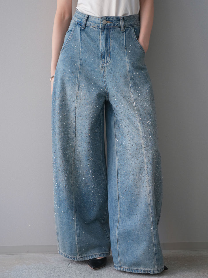 [予約]フロントビジューカーブデニムパンツ/lightblue